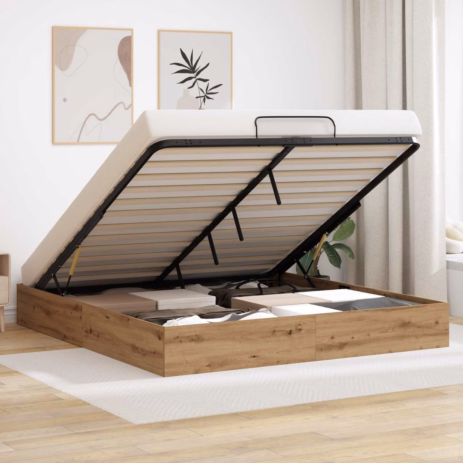 Letto ottomano moderno vidaXL in legno rovere con contenitore a sollevamento L: 160 cm, P: 200 cm, H: 240 cm