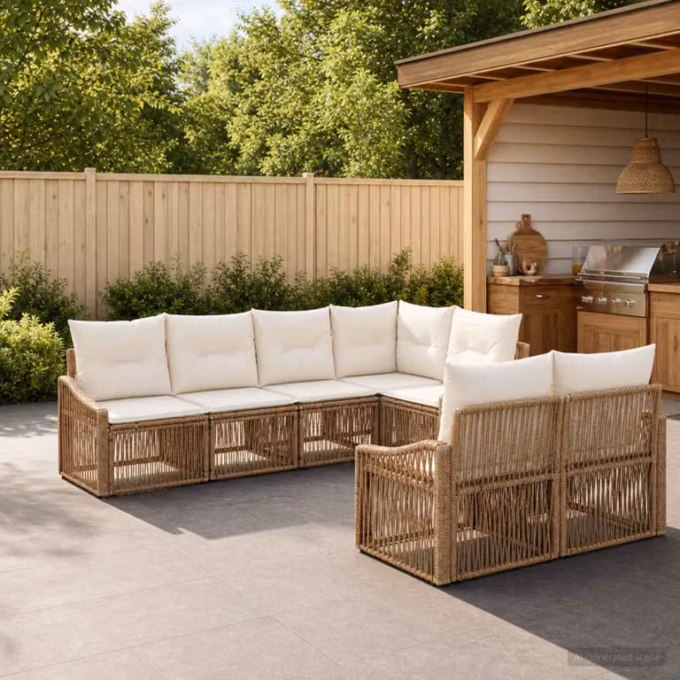 Set Divano da Giardino vidaXL 7 posti a forma di U in Polyrattan Beige con Cuscini e Struttura in Acciaio Verniciato a Polvere