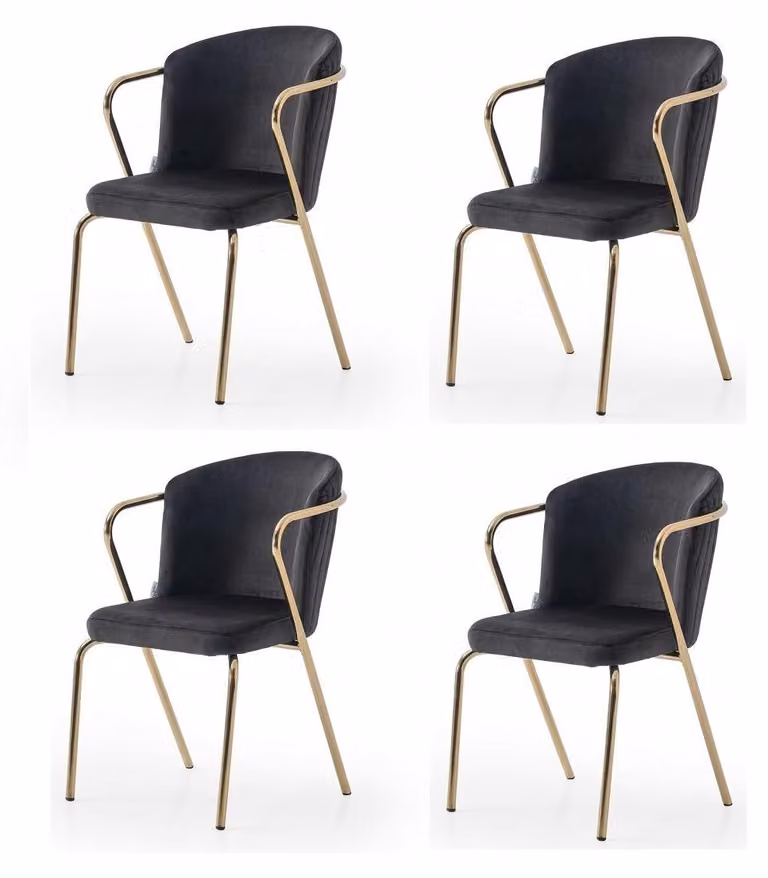 Set di 4 sedie moderne, colore nero con elementi dorati, imbottite per un comfort ottimale