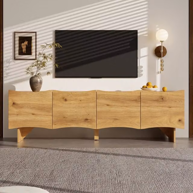 Mobile TV moderno con motivo a onde ¨C consolle multimediale da 155 cm con vano contenitore, quattro ante e gestione cavi, effetto legno, design
