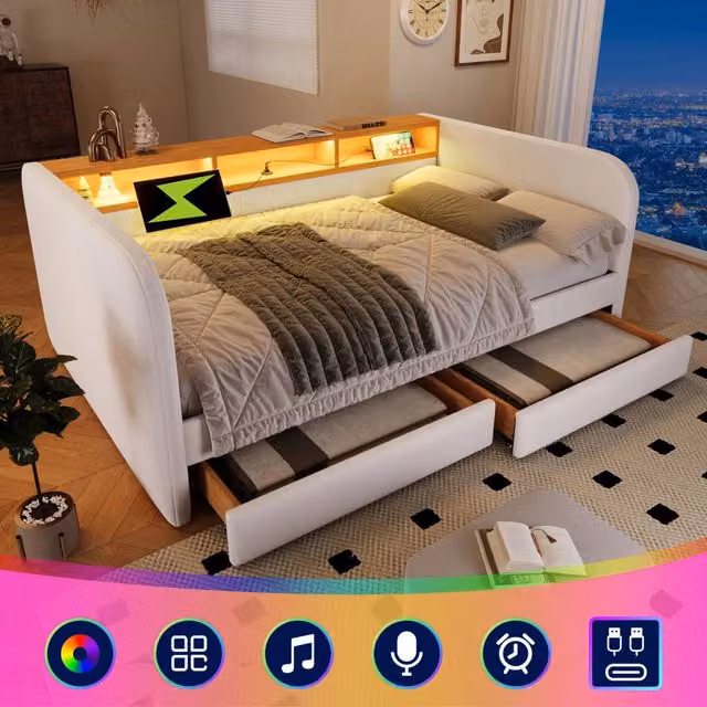 Divano letto imbottito con luci LED porta USB 140x190 cm lino beige