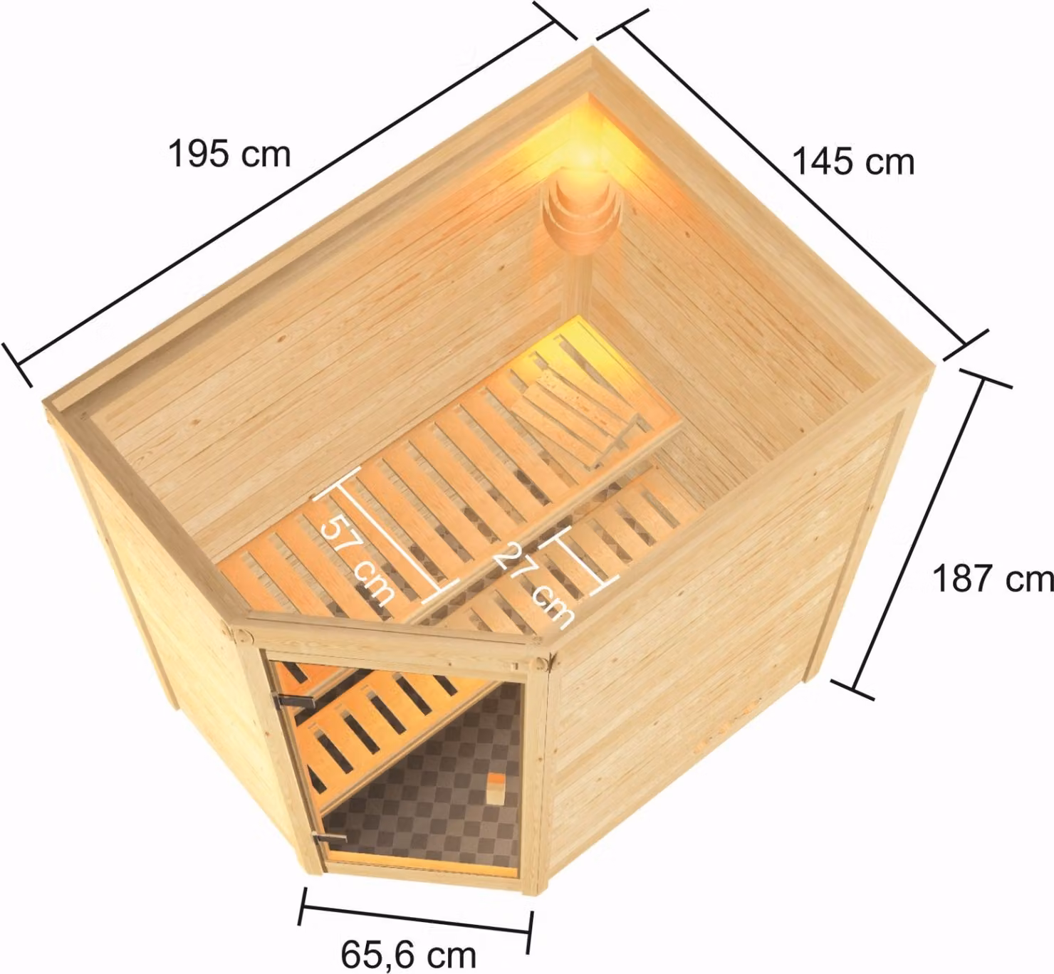 Sauna Woodfeeling Jella (ingresso ad angolo), porta tutto vetro, bronzata, senza accessori