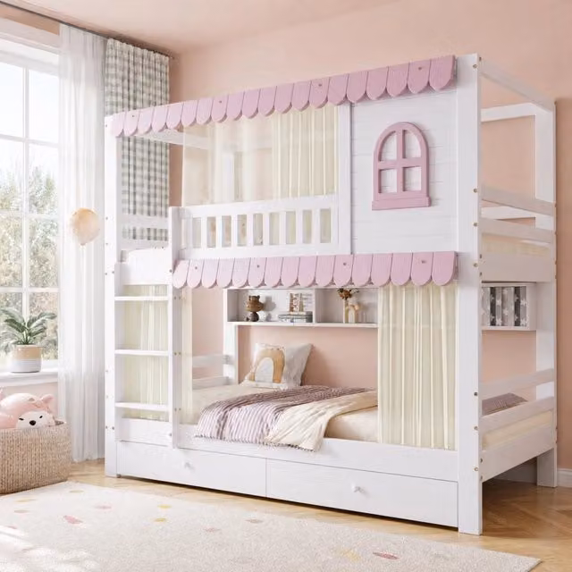 Letto a castello 90x200 cm con finestra; tende; scala a 3 gradini e 2 cassetti; legno massello e MDF bianco