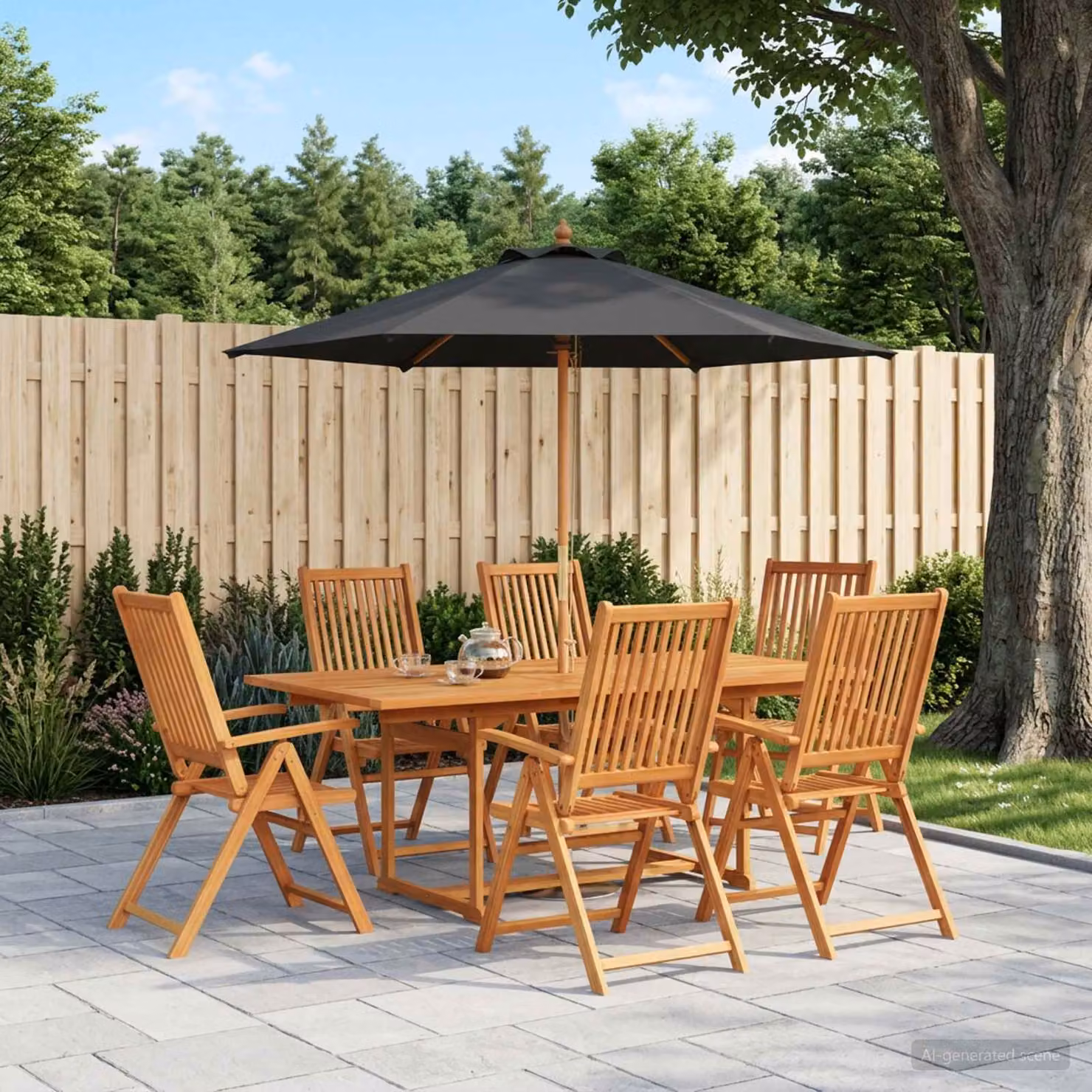 Set da pranzo da esterno vidaXL in legno di acacia con ombrellone, 8 pezzi per 6 persone, colore marrone e antracite