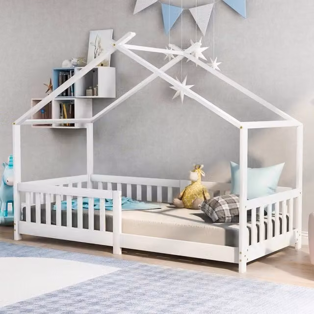 Letto a casetta singolo OKWISH in legno massiccio di pino bianco con recinto di sicurezza, L/P/H: 200 x 90 x 158 cm