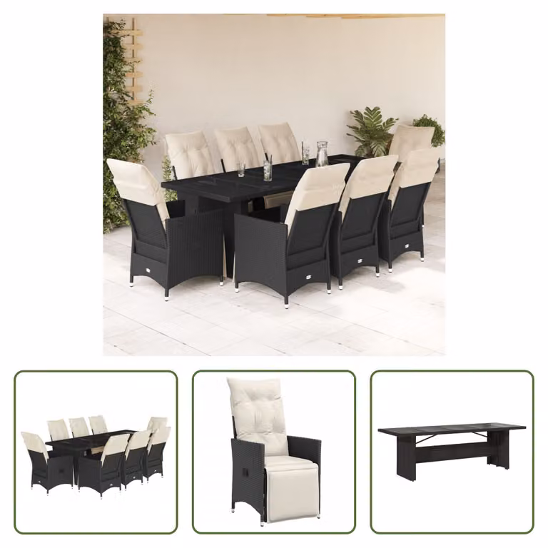 The Living Store Set bistrot da giardino da 9 pezzi con cuscini in poly rattan nero