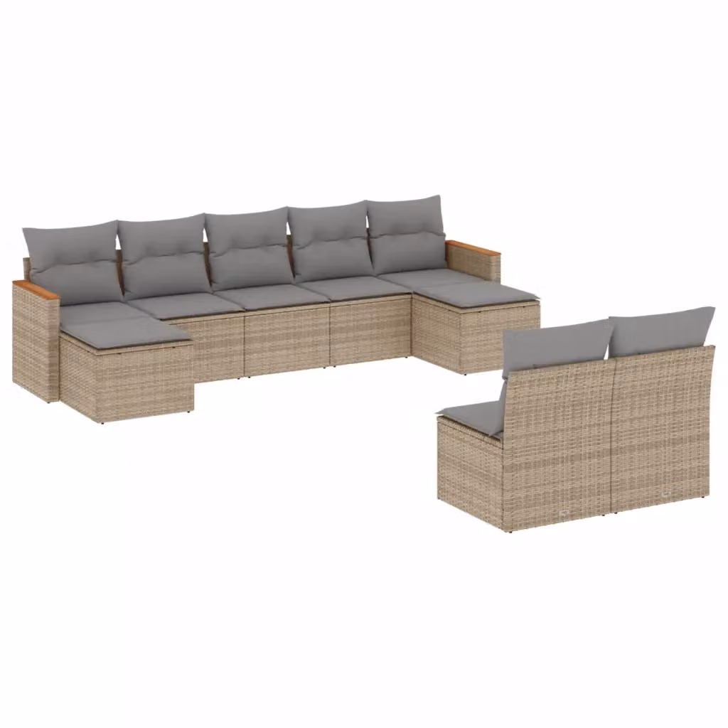 vidaXL Set Divano da Giardino a L in Polyrattan con Cuscini Beige e Grigio, 9 Pezzi – 2