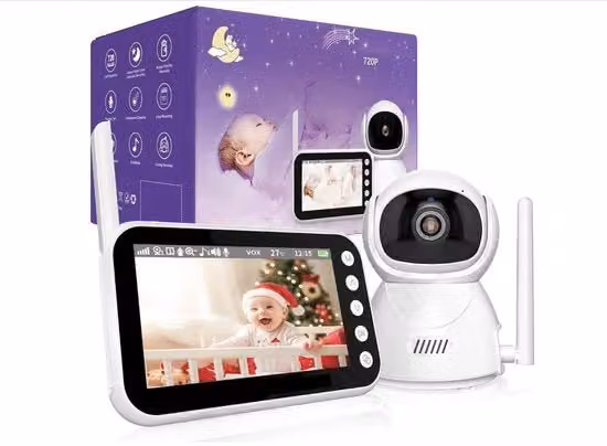 Telecamera per bambini con schermo da 4,3 pollici, visione notturna, audio bidirezionale, monitoraggio temperatura e modalità VOX, colore bianco