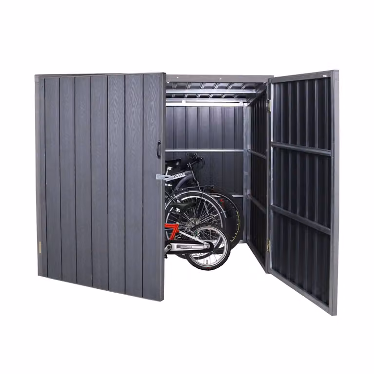 WPC garage per biciclette HWC-J29, capanno per attrezzi box per biciclette, metallo aspetto legno con serratura ~ 4 biciclette 172x213x160cm grigio