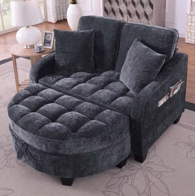 Divano letto 2 in 1 trasformabile con pouf contenitore 132x129x93 cm in eucalipto; nero