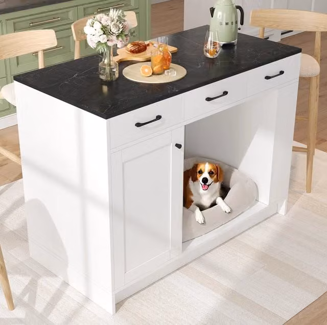 Isola da cucina con area per animali; 3 cassetti e ripiano regolabile; bianco