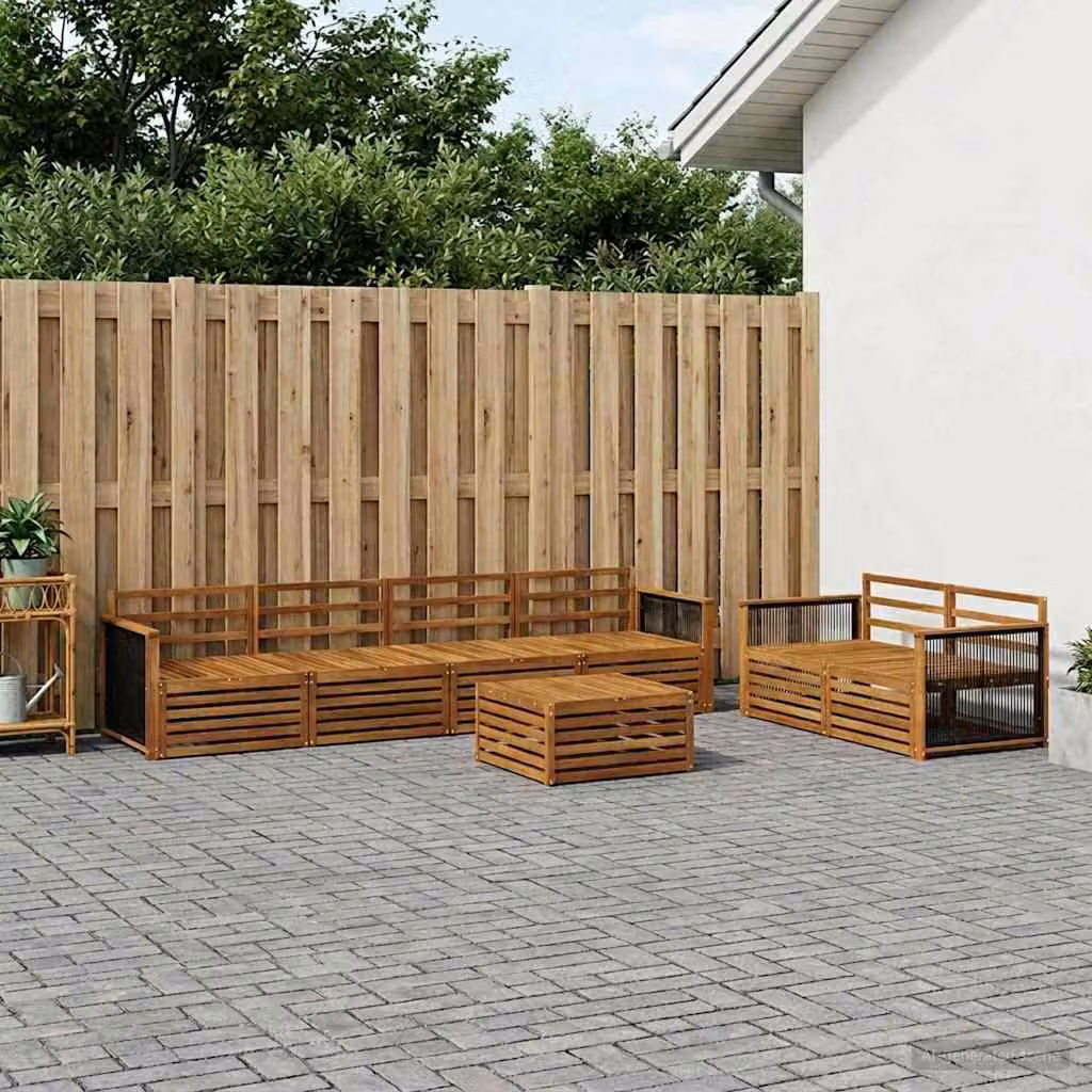 Set di divani da esterno vidaXL 7 pz in legno di acacia massello marrone con cuscini inclusi e tavolino da caffè