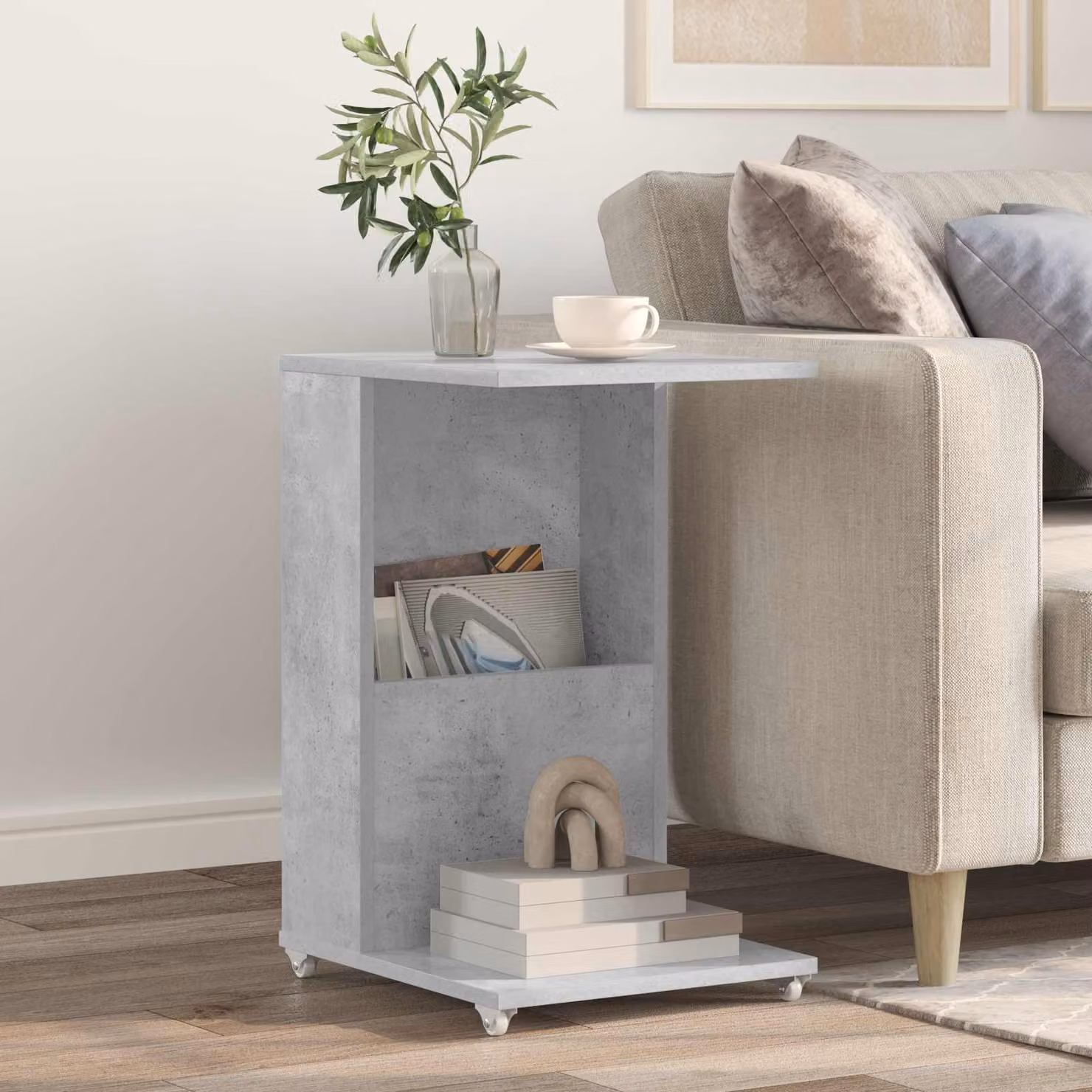 vidaXL Tavolo laterale moderno con ruote in grigio, L 40 cm x P 35 cm x H 60 cm