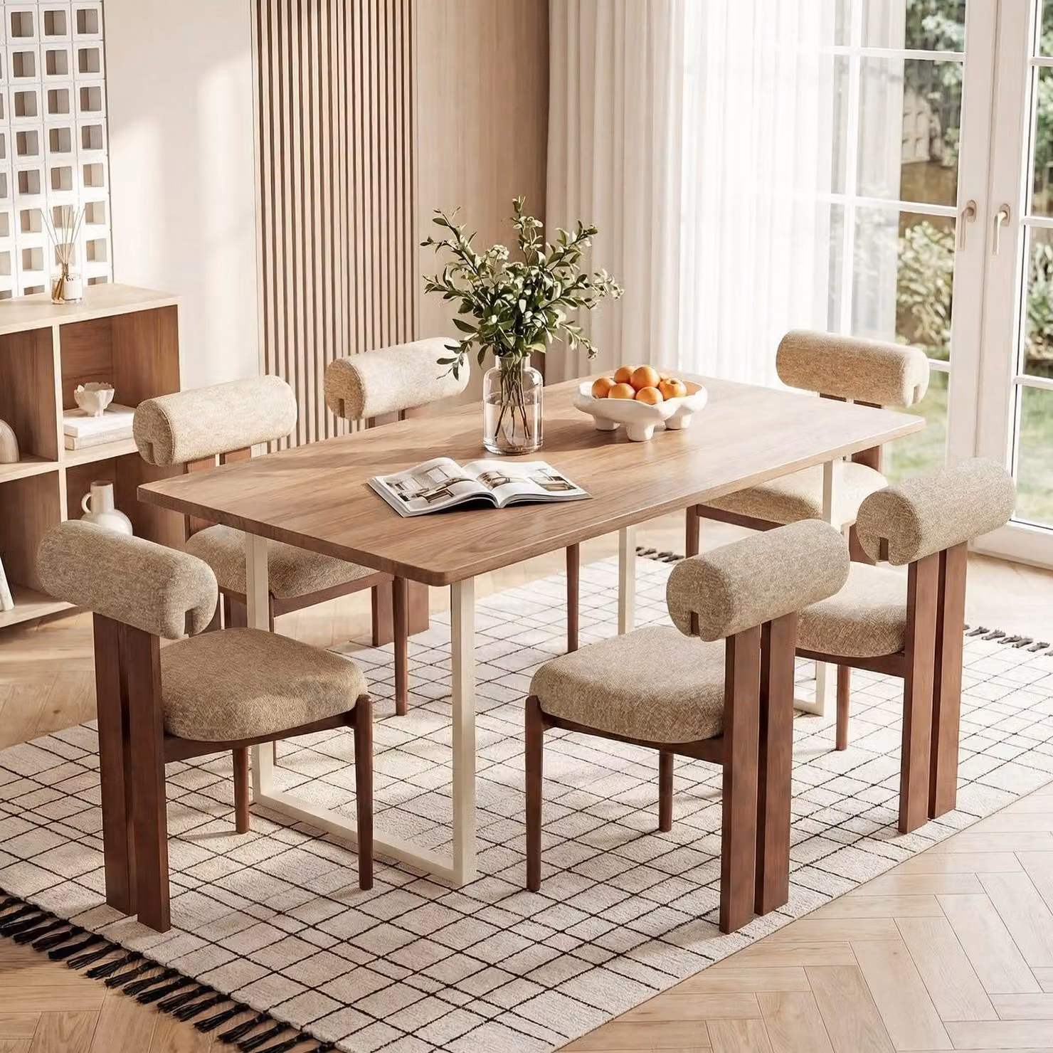 Set di 6 sedie da pranzo con schienale cilindrico, struttura in legno, design moderno, adatte per cucina e sala da pranzo, colore marrone