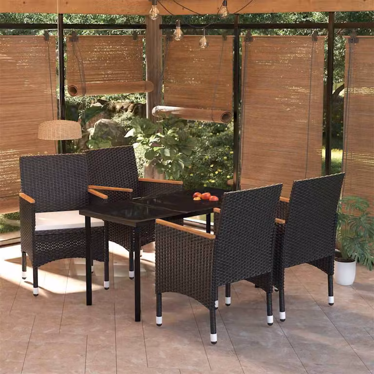 Set da pranzo da giardino vidaXL in polyrattan nero con tavolo in vetro e cuscini, 5 pezzi