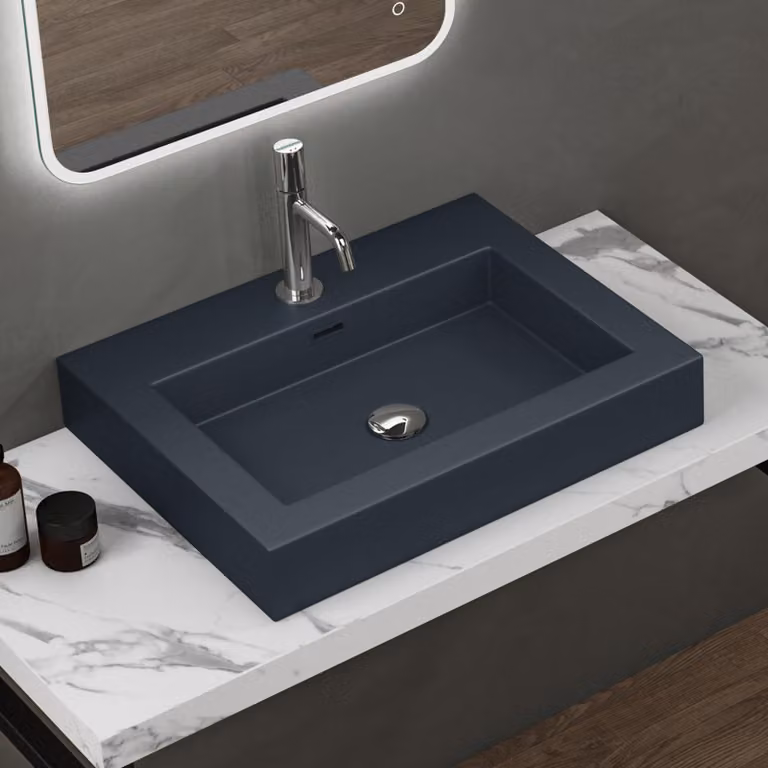 doporro Lavabo da Appoggio Rettangolare, Lavabo Bagno Sospeso con Foro Rubinetto e Troppopieno in Marmo Resina Antracite Opaco, Lavandino Bagno 60x48x10cm Colossum18