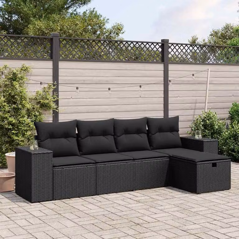 vidaXL Set Divani da Giardino a L 5 Pezzi con Cuscini in Polyrattan e Acciaio Nero