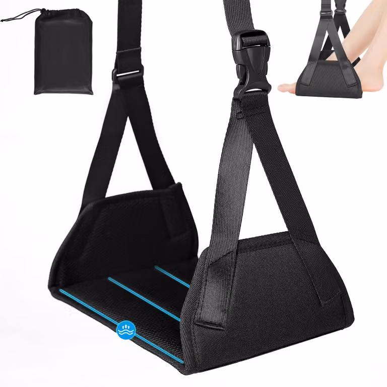 Supporto per i piedi portatile - Poggiapiedi regolabile per viaggi - Antiscivolo - Ergonomico - Realizzato in bambù naturale - Portata massima di 40 kg - Amaca per i piedi