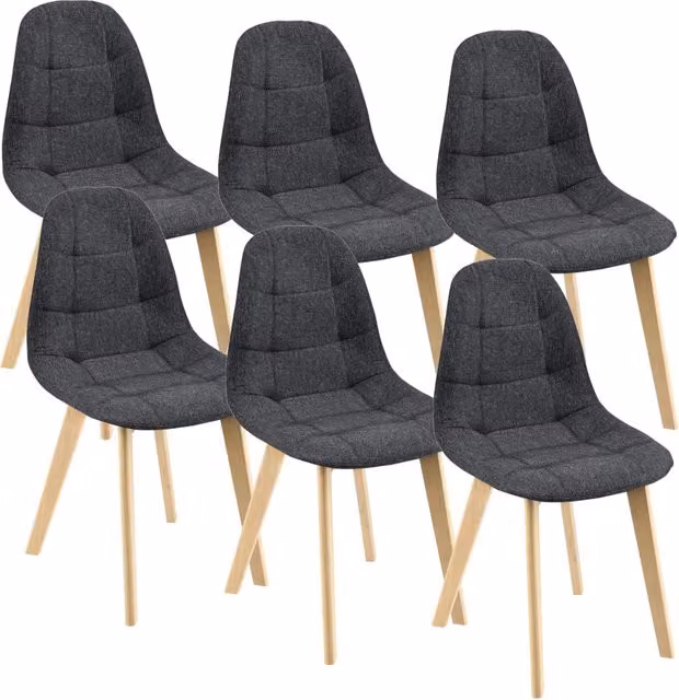 Set di 6 sedie imbottite en.casa in stile trapuntato con rivestimento in tessuto nero e gambe in legno di faggio per sala da pranzo, salotto o studio