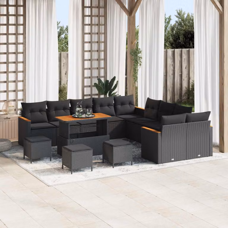 Set Divano da Giardino vidaXL a forma a U in Polyrattan Nero con Cuscini e Tavolino da 14 Pezzi