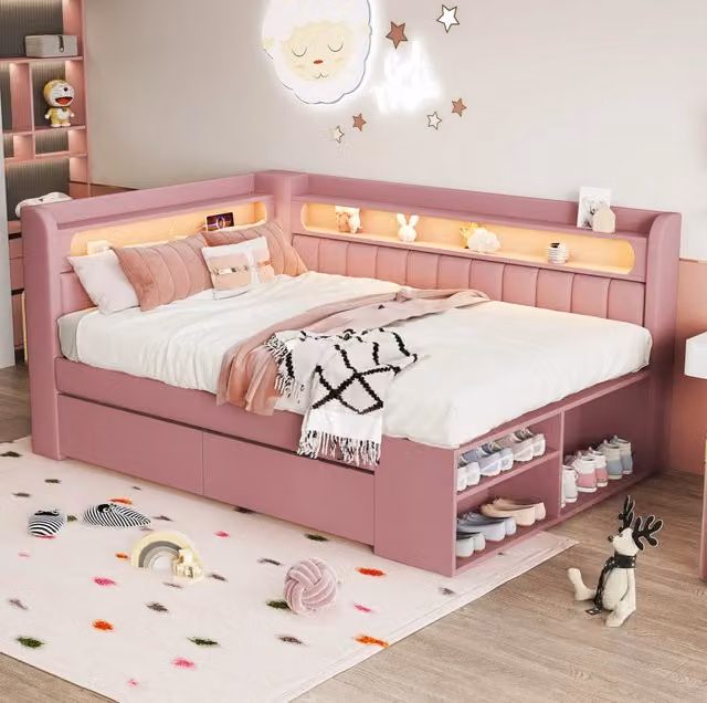 Letto imbottito 90x200 cm con USB; luce LED a 7 colori; 2 cassetti e scarpiera; rosa