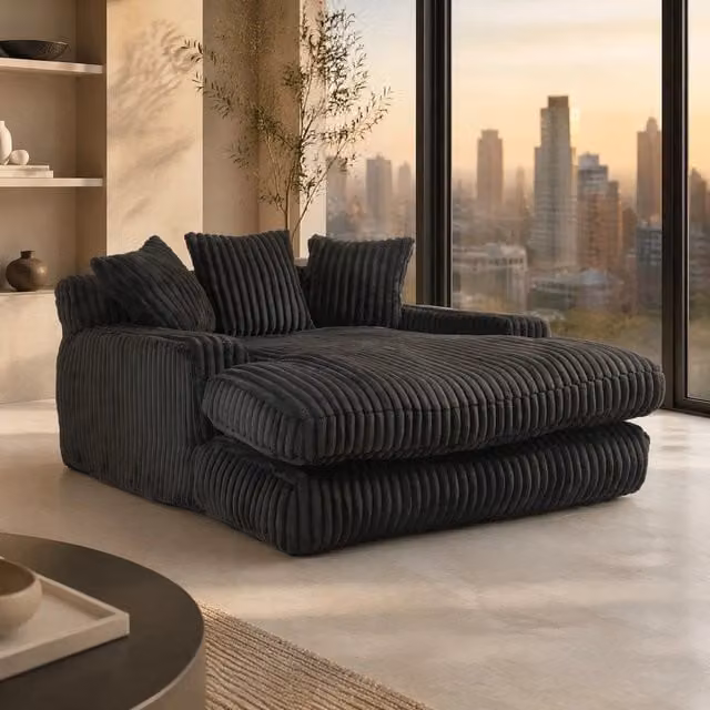 Poltrona chaise longue in velluto a coste; 3 cuscini; nero; 125 x 155 x 63 cm
