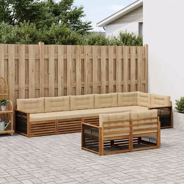 Set di divani da esterno vidaXL 8 pz in legno di acacia con cuscini, forma a L, colore beige e marrone