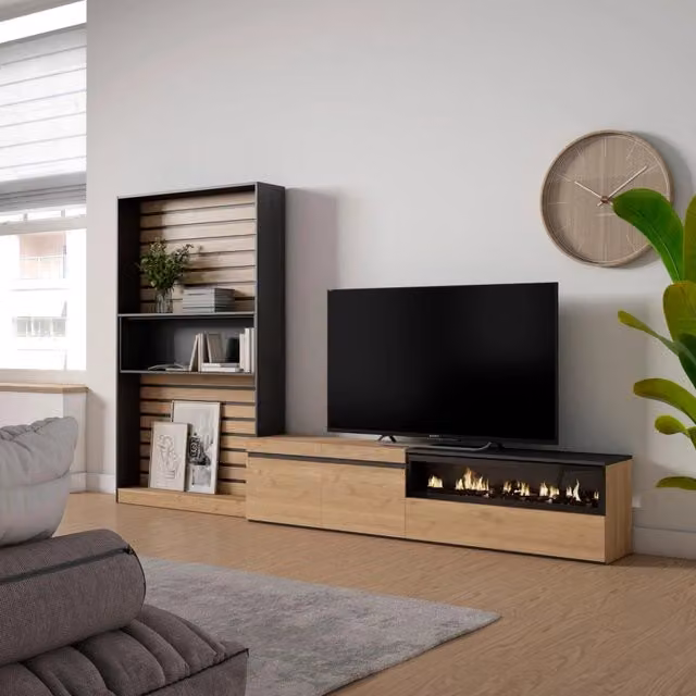 Mobile TV da soggiorno Skraut Home con camino elettrico per TV fino a 80 pollici, colore Rovere e nero, L: 310 cm, P: 35 cm, H: 186 cm