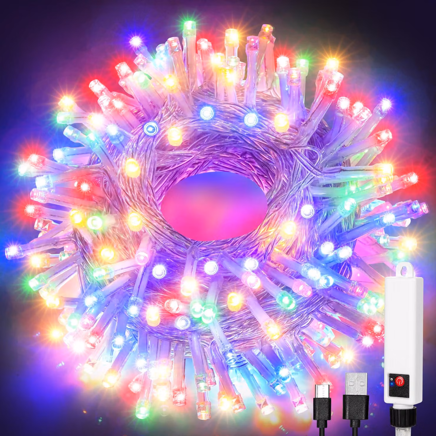 Catena luminosa a LED, ricaricabile tramite USB, multicolore, 10 metri