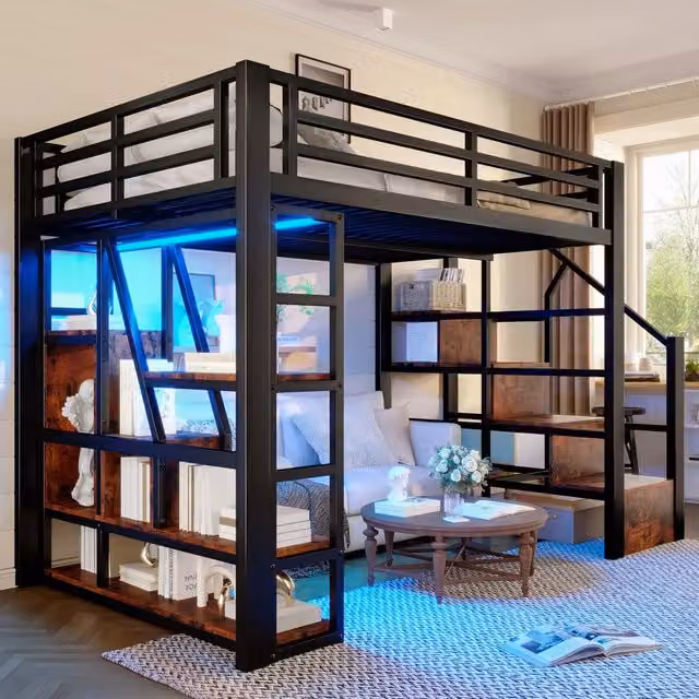 Letto a soppalco 140 × 200 cm con ripiani, scaletta contenitore e LED regolabile, senza materasso, nero