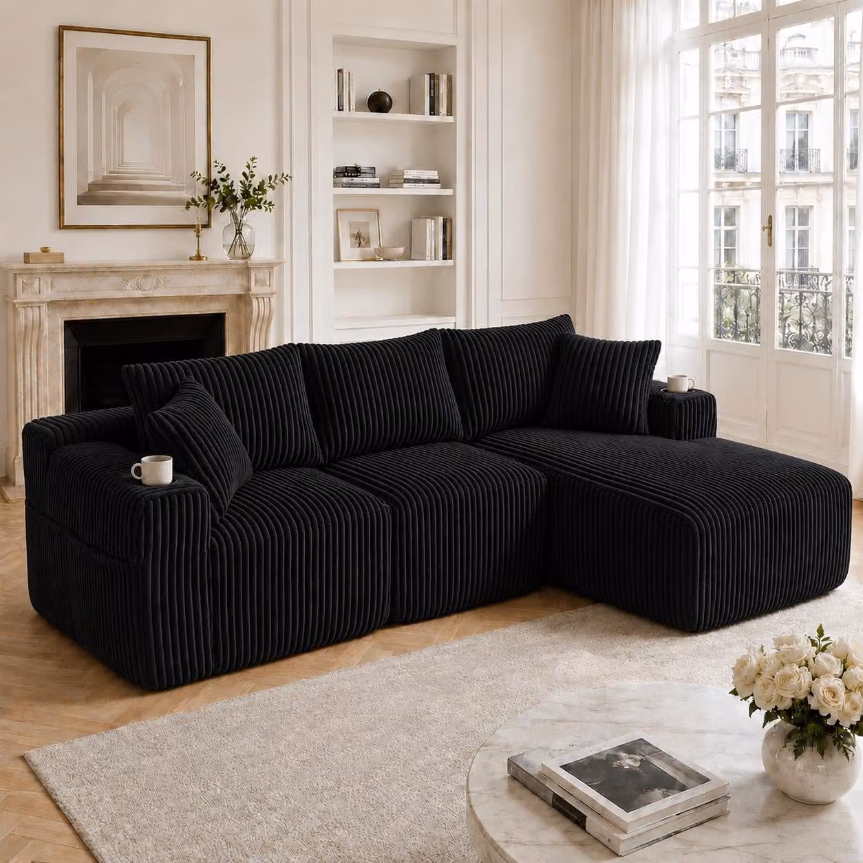 Divano modulare con chaise longue e divanetto a due posti, rivestito in tessuto morbido, completo di 5 cuscini, tasche laterali e portabicchieri, imbottitura in schiuma ad alta densità