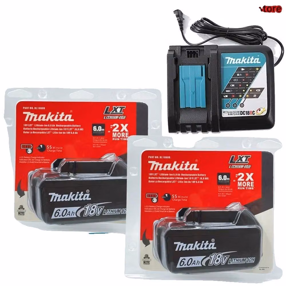 Batteria per utensili, 18V, agli ioni di litio, capacità 6000mAh, Makita, con caricabatterie da 6Ah x 2