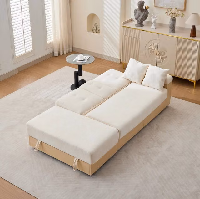 Divano letto in ciniglia beige con schienale regolabile; contenitore e 2 cassetti; 217 cm