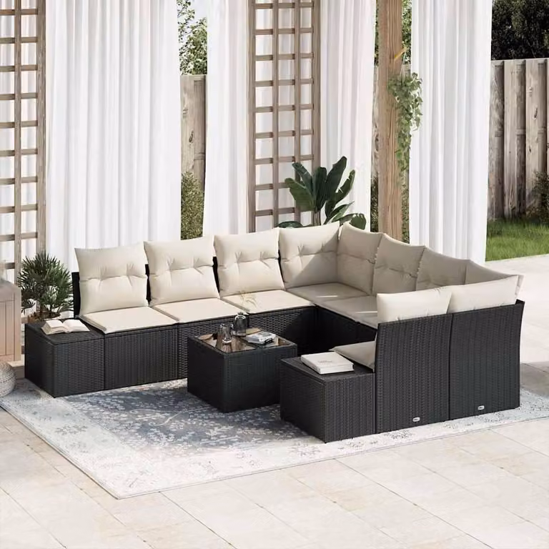 Maison Exclusive - Set Divano da Giardino 9 pcs Nero e Crema polyrattan