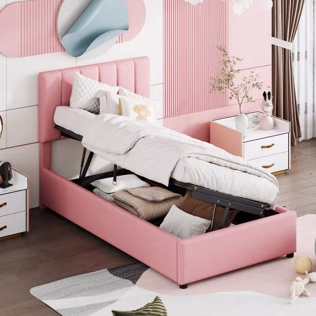 Letto imbottito con contenitore idraulico 90x200 cm; lino; rosa