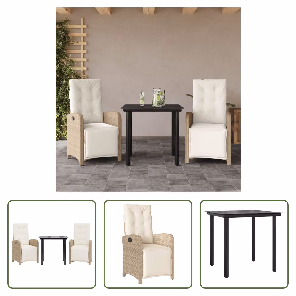 The Living Store Set da bistrot 3 pezzi con cuscini Beige poly rattan