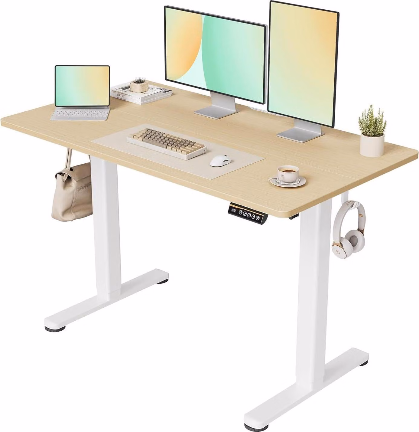 Scrivania regolabile in altezza 120x60 cm, elettrica, standing desk, bianco/beige