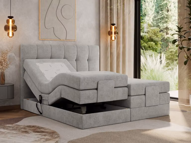 Letto a molle insacchettate MKS MEBLE 160 x 200 cm regolabile elettricamente Materasso a molle insacchettate a 7 zone con topper Letto 160 x 200 cm con motore Letto imbottito Letto motorizzato - Vittoria - Struttura grigio chiaro - H3