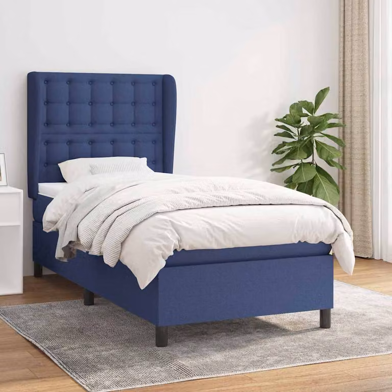 vidaXL Giroletto a Molle con Materasso Blu e Bianco in Tessuto, L/P/H: 90 x 200 x 128 cm
