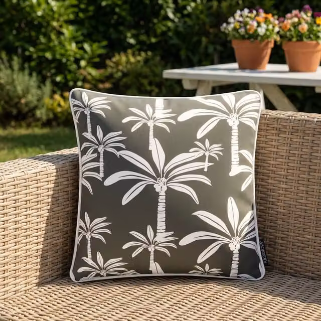 Cuscino arredo KASANOVA idrorepellente con motivo floreale palme, grigio, 50 x 50 cm