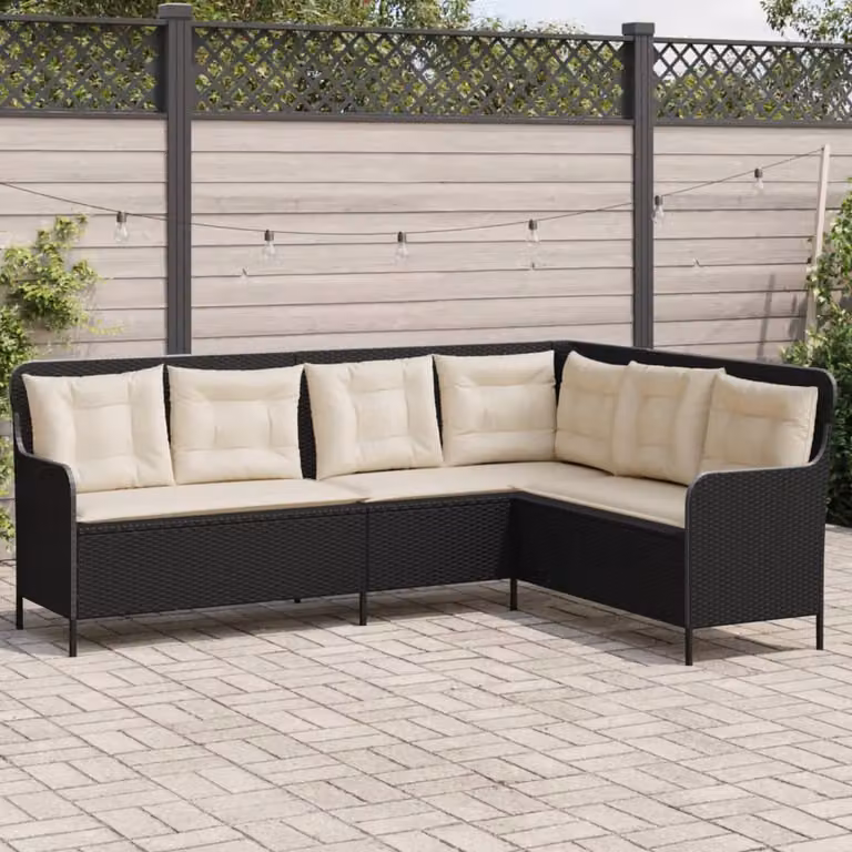 vidaXL Divano da Giardino a L in Polyrattan con Cuscini, Nero e Bianco, Moderno con Struttura in Metallo e Coperture Rimovibili
