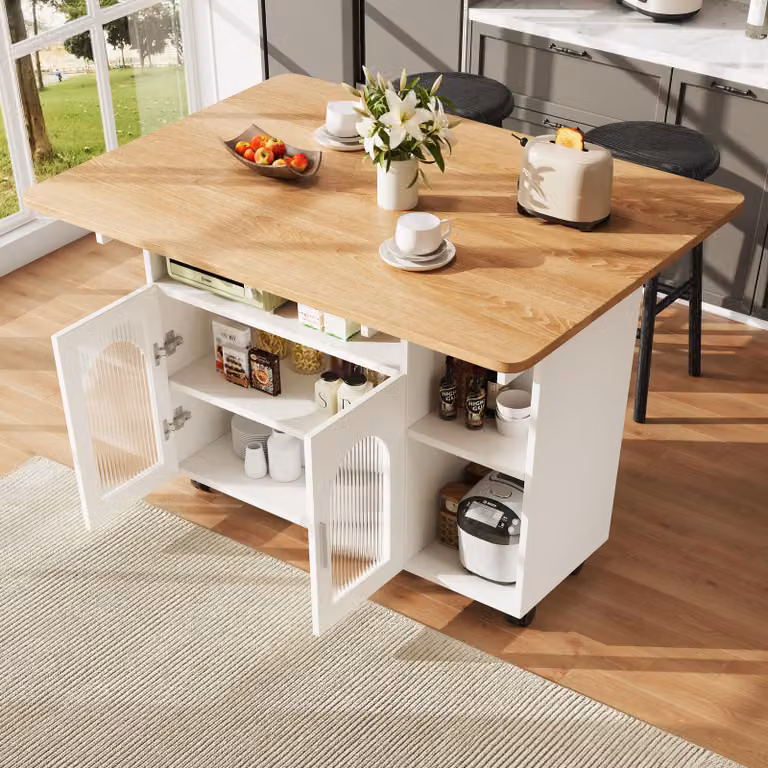 MODFU: Mobiletto da cucina con decoro effetto legno, isola multifunzionale per la cucina, carrello servitore rimovibile con spazio contenitore, colore bianco