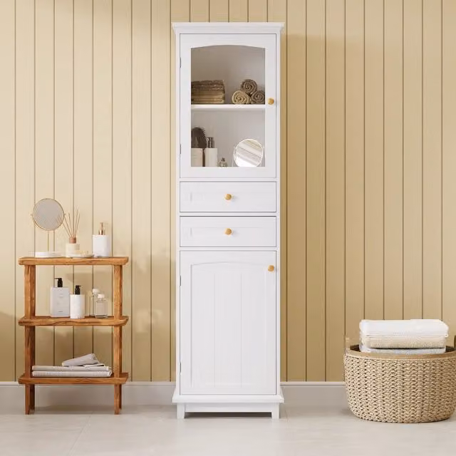Mobile bagno 45x36x160 cm, bianco, 2 ante con vetri e 2 cassetti, ripiani regolabili, guide inferiori, maniglie oro