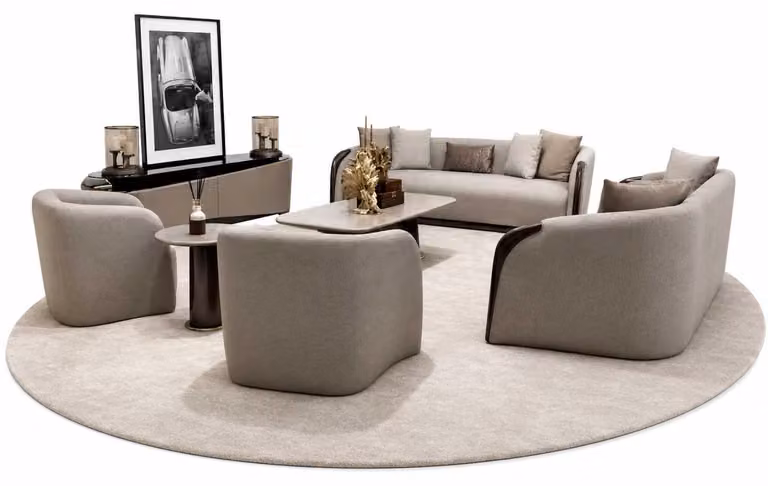 Set di divani componibili design, composto da: 3 divani a 3 posti, 3 divani a 1 posto, 1 tavolino da soggiorno, 1 mobile TV. Set completo di 7 pezzi