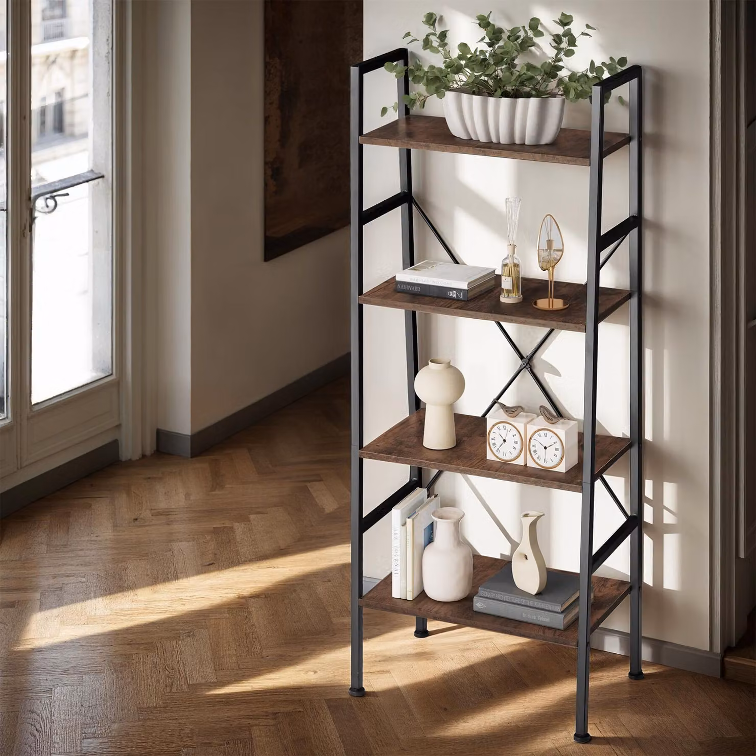 Scaffale a scala Newcastle Tectake in stile industriale con legno e metallo, marrone e nero, H: 139,0 cm, L: 57,5 cm, P: 35,5 cm – 2