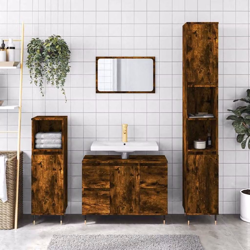 Armadietto da bagno vidaXL in legno Rovere Fumo, stile industriale, L: 80 cm, P: 33 cm, H: 60 cm