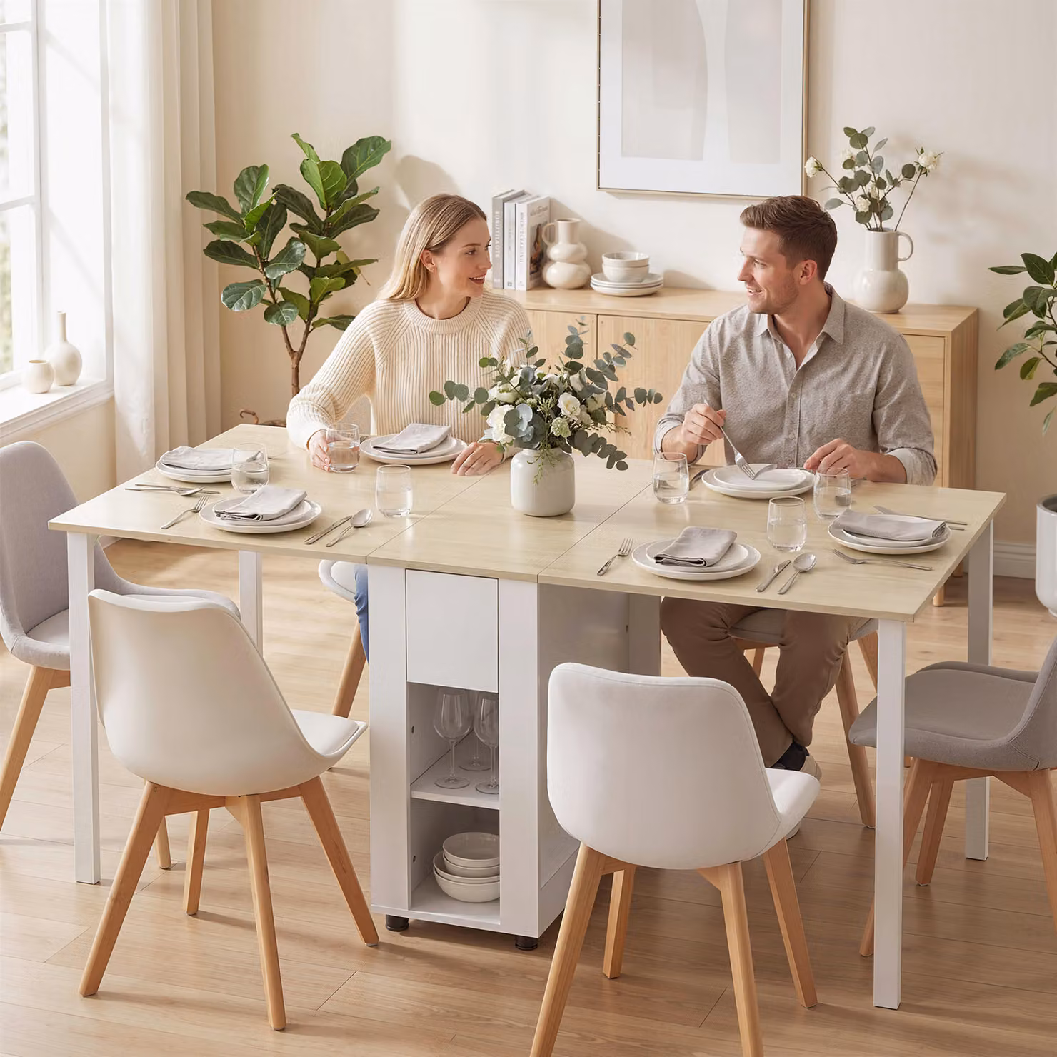 Tavolo pieghevole HOMCOM in legno di pino e MDF bianco per 6 persone con piano rettangolare e design moderno per cucina e sala da pranzo – 2