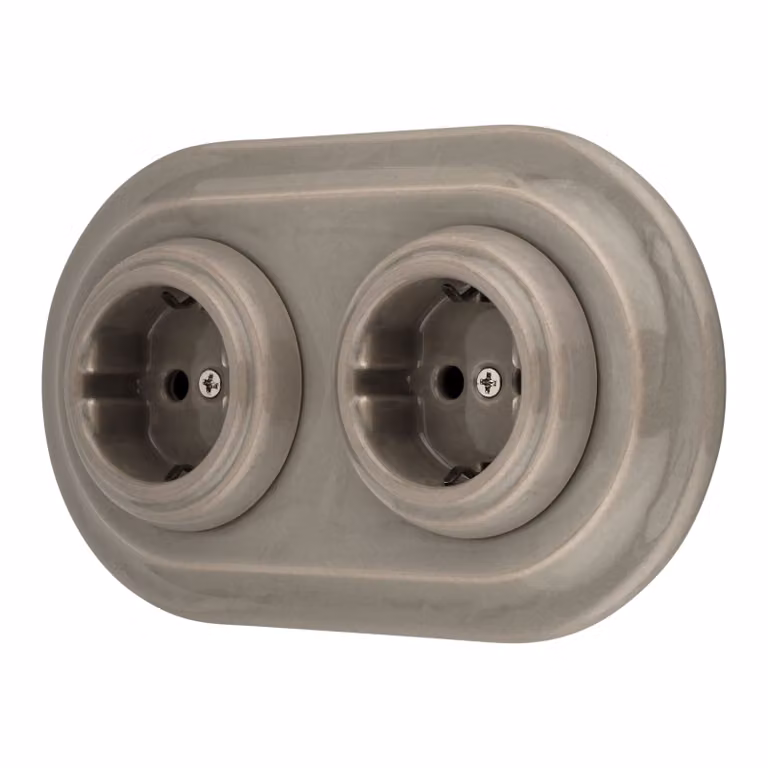 Prese a muro in porcellana, serie PR1, colore grigio-beige, sistema a incasso, doppia presa, modello "all-in-one"