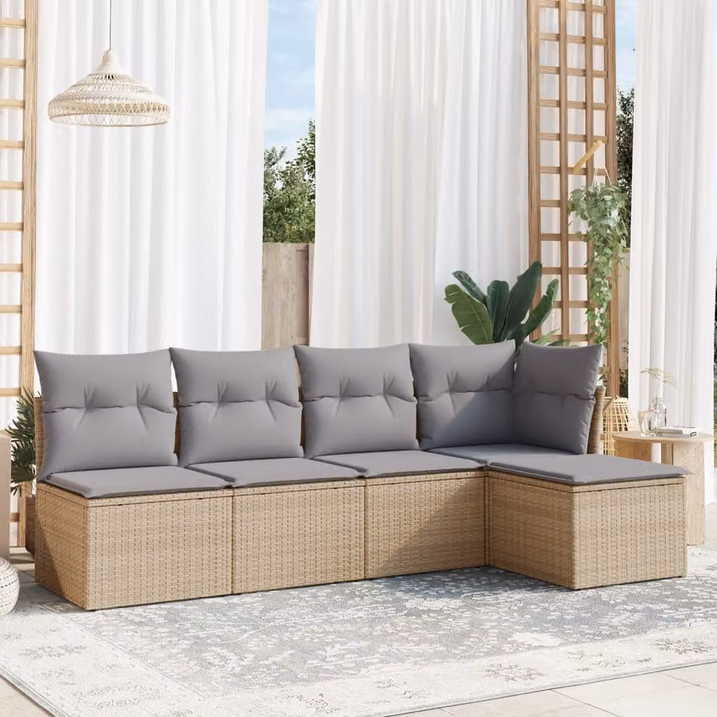 vidaXL Set Divano da Giardino a L 5 pz con Cuscini Beige e Grigio in Polyrattan e Struttura in Acciaio Verniciato a Polvere