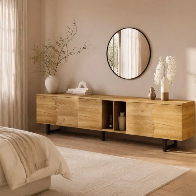 Mobile TV REDOM in MDF e metallo, beige e marrone, L 191 cm x P 38 cm x H 46,5 cm